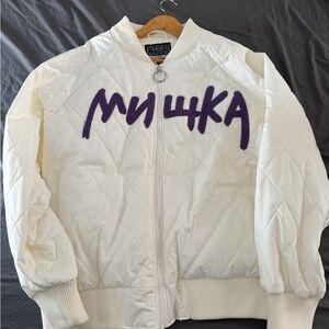 Mishka - White Quilted Bomber Jacket - Size XL - Purple Script - Eyeball Graphic